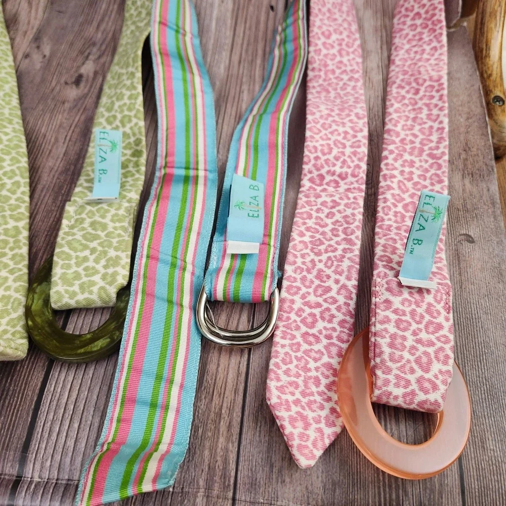 Eliza B. Fabric Belt Bundle 3pc Small Pink Green Animal Print Striped Ribbon